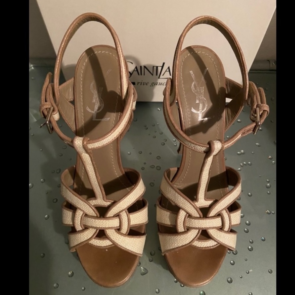 YSL Ivory Tribute Canvas & Leather Platform Heels Stilettos Size 37.5 / 7.5